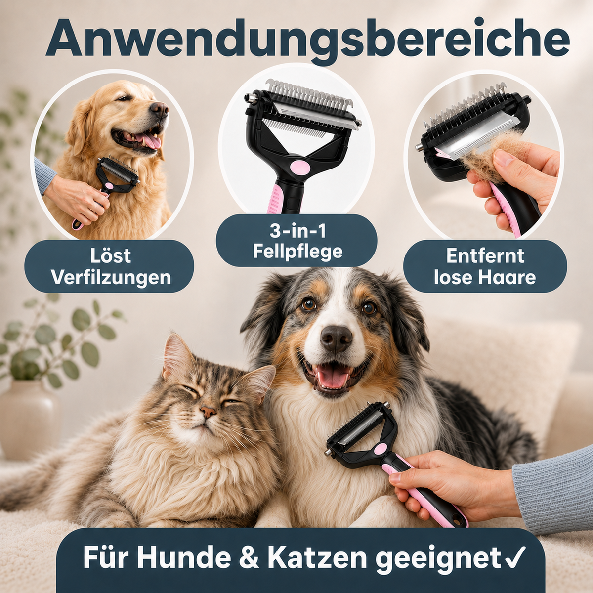 3-in-1 Fellpflegebürste für Hunde & Katzen