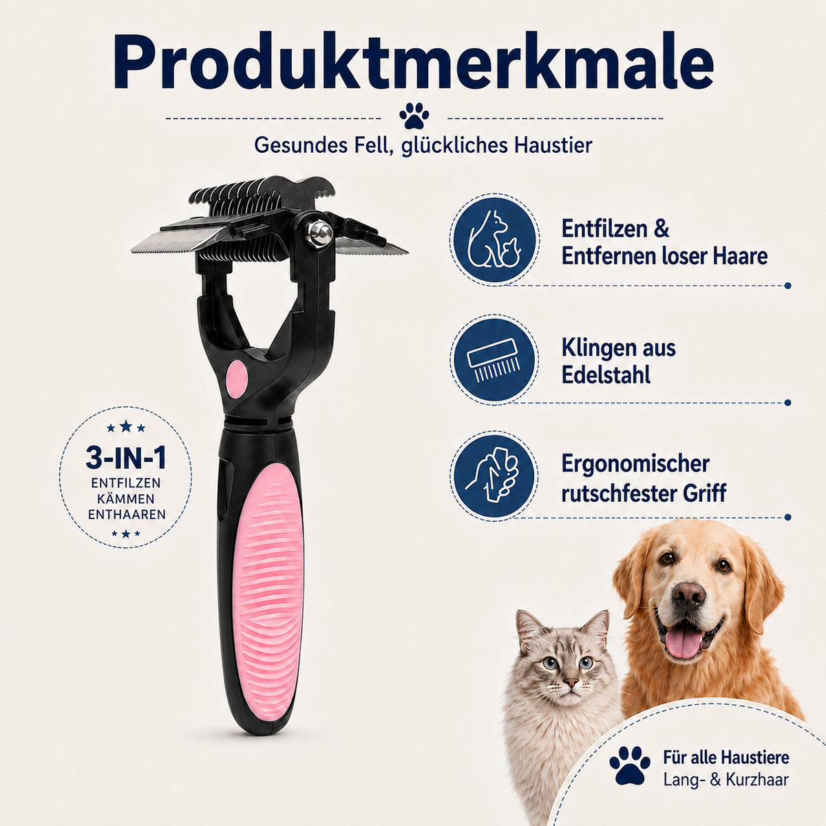 3-in-1 Fellpflegebürste für Hunde & Katzen
