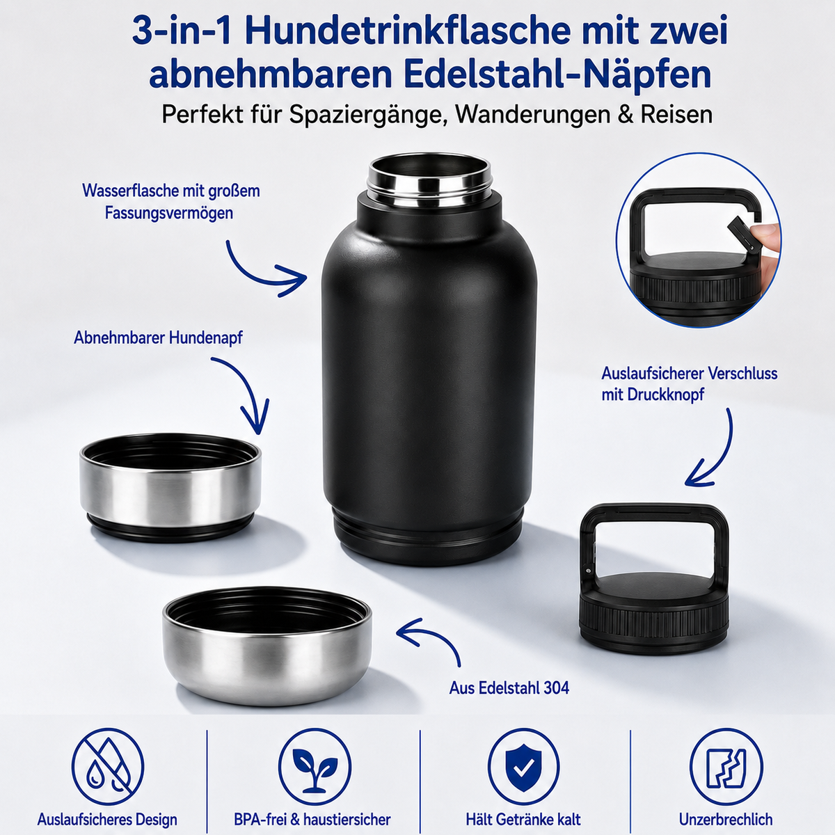 3-in-1 Trinkflasche für Hunde – Wasserflasche & 2 Näpfe für unterwegs
