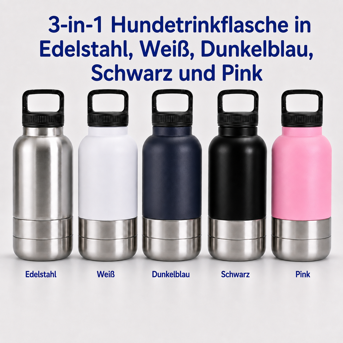 3-in-1 Trinkflasche für Hunde – Wasserflasche & 2 Näpfe für unterwegs