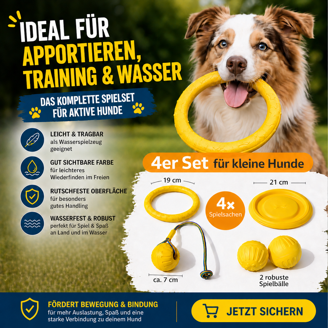 Wurf- und Wasserspielzeug im 4er Bundle für aktive Hunde